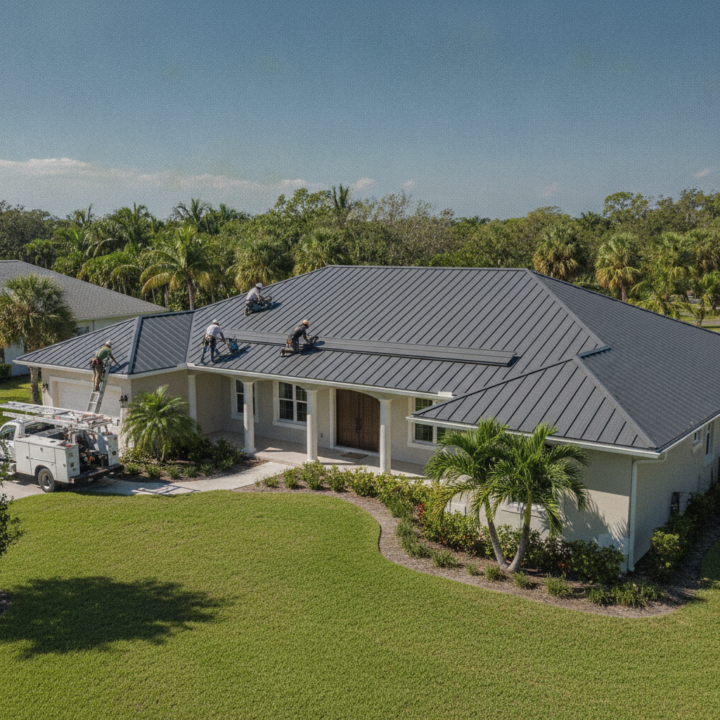 Standing seam metal roof installation crew at work on a Florida home under clear skies